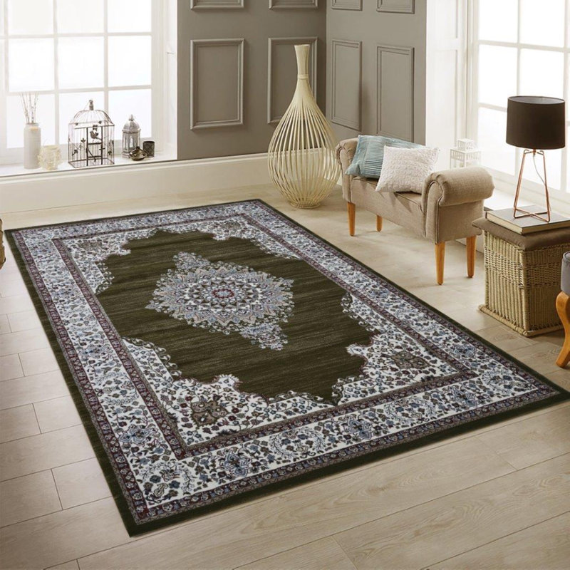 Master Collection Medallion Transitional Area Rug, Green, Runner 2' x 8'