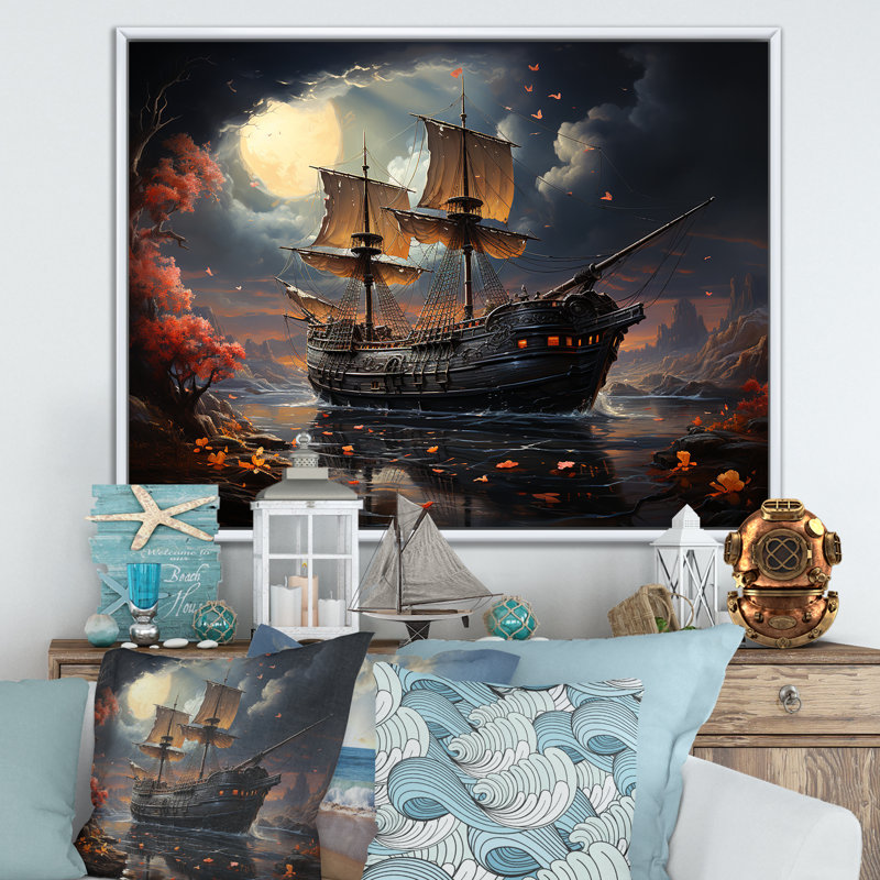 Pirate Ship Nightly Voyage I - Art mural pirate, H 24 po x l 32 po x P 1 po, Cadre flottant blanc