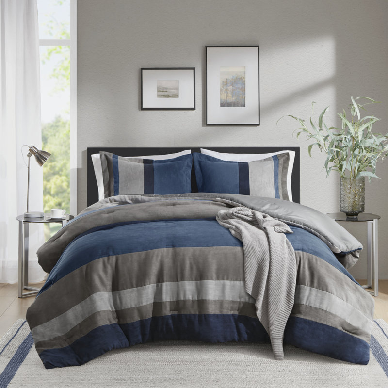 Ensemble d'édredon douillet en microsuède à rayures Boulder, Bleu, Édredon double / grand + 2 taies décoratives sta