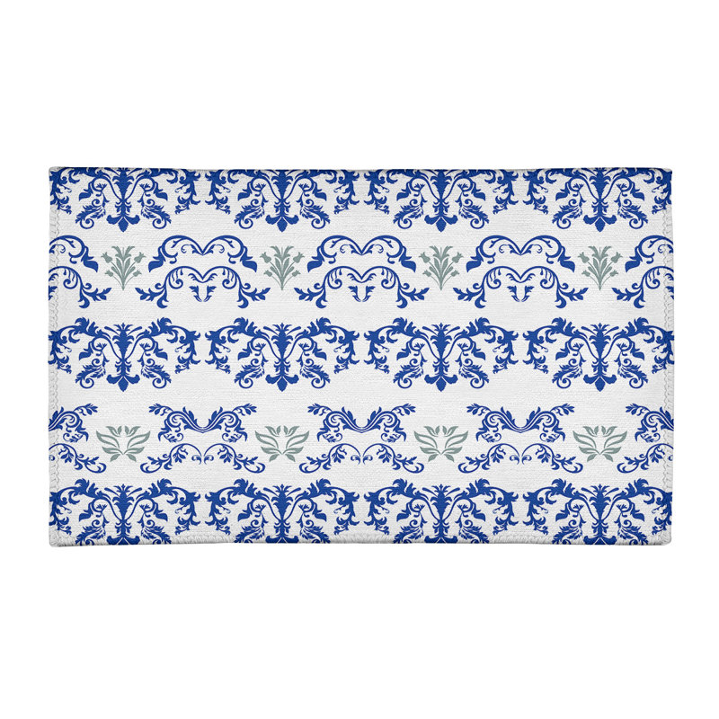 Tapis damassé blanc / bleu marine, Rectangle 2 pi x 3 pi