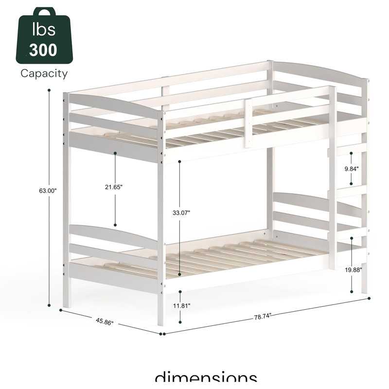 Lit superposé simple en bois massif de pin, conception convertible, ton blanc, garde-corps pleine longueur, intégré, sans sommier, lit de rangement de 11,81 po avec fonction détachable, économie d'espace en 3 étapes
