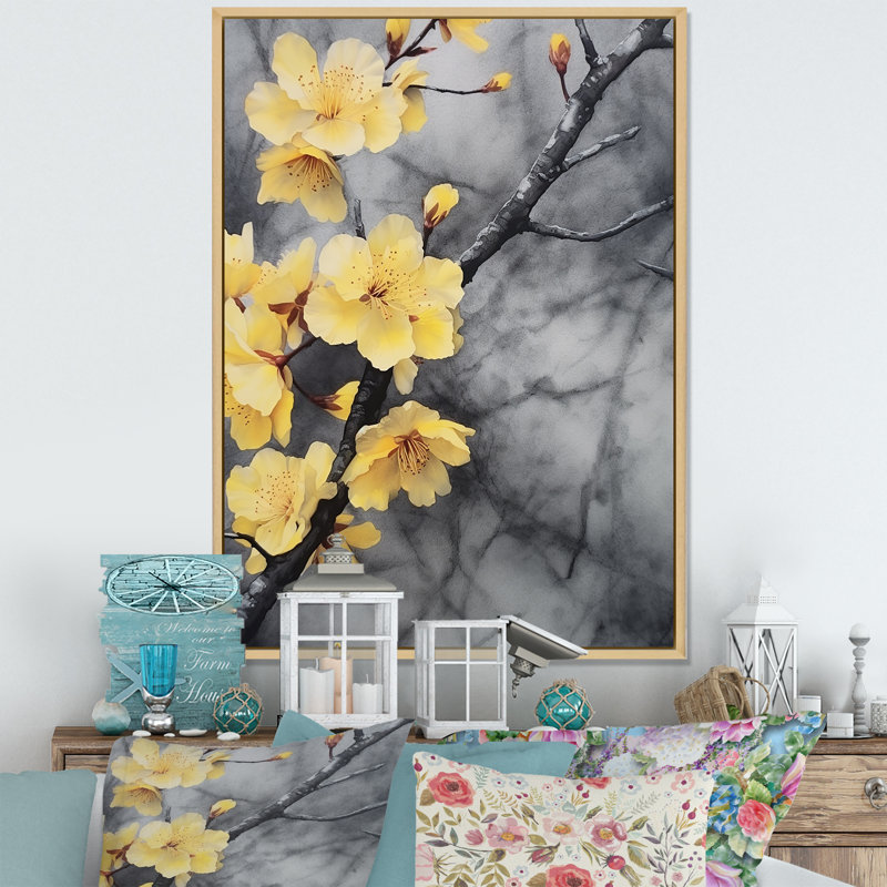 Fleurs de cerisier jaunes et grises sur toile, Cadre naturel flottant, H 44 po x l 34 po