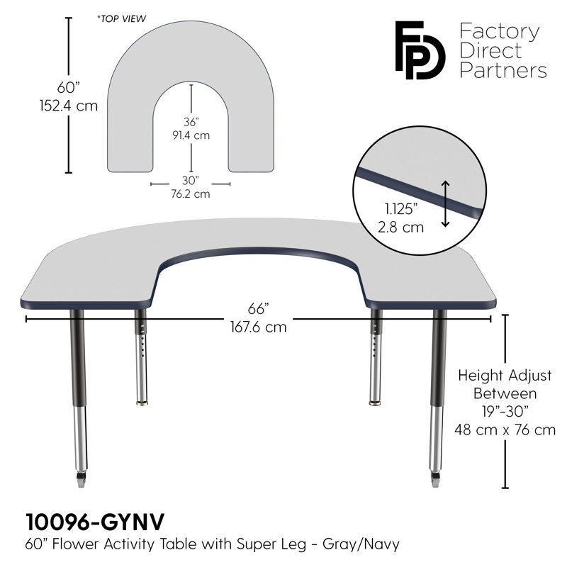 Table d'activité 60 "x 66" en forme de T avec pieds réglables, Gris / bleu marine / noir, Roulement pivotant standard
