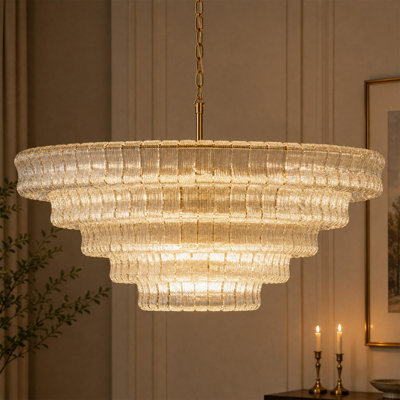 24"/36"/48" Dimmable Tiered Round Chandelier With Ribble Glass
