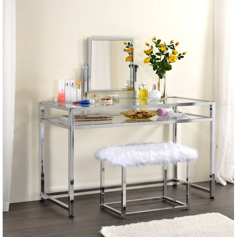 Vanity Desk with Mirror and Stool in Chrome