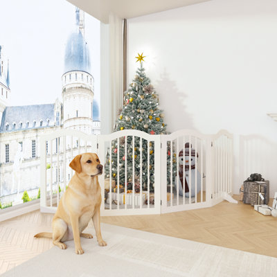 80" Wide Freestanding Wood Dog Gate, Foldable 4-Panel Indoor Dog Barrier with Support Feet