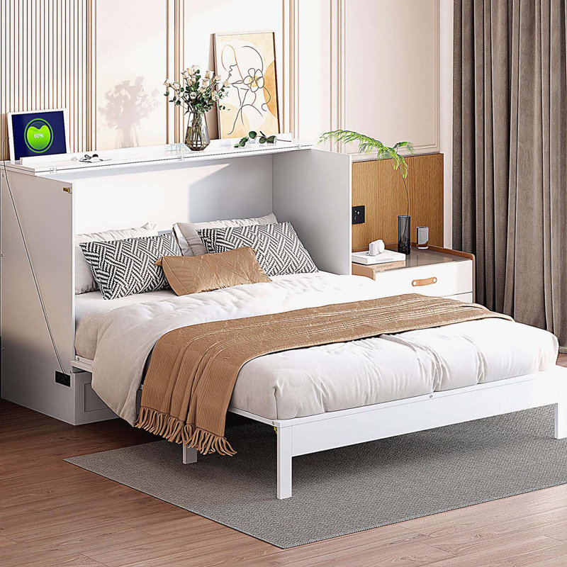 Lit escamotable double avec grands tiroirs, blanc, Lit double, Blanc