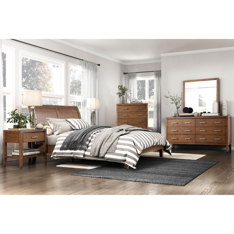 Grand lit plateforme de style transitionnel, tête de lit, lit brun avec aspect