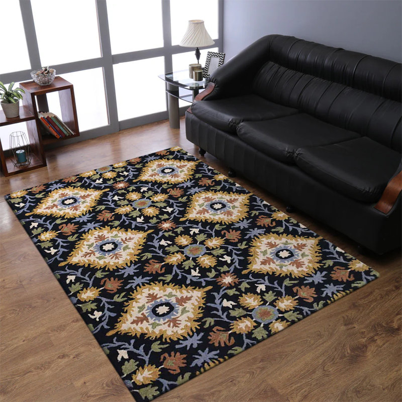 Hand Tufted Wool Eco-Friendly Area Rugs - 5' x 8', Rectangle, Black Colour, Floral Modern Design, High Pile Thick Handmade Anti Skid Area Rugs for Living Room, Bed Room