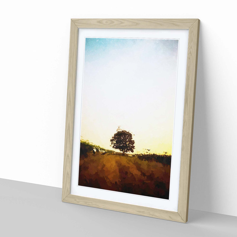 Lone Tree at Dusk Abstract Art - Picture Frame Graphic Art Print, 50cm H x 35cm W x 2cm D, Oak