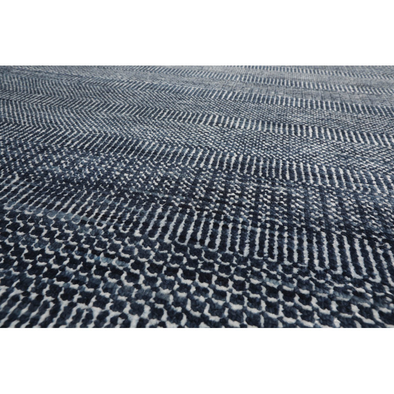 Tapis noué à la main en bleu / blanc, Rectangle 9 pi x 12 pi