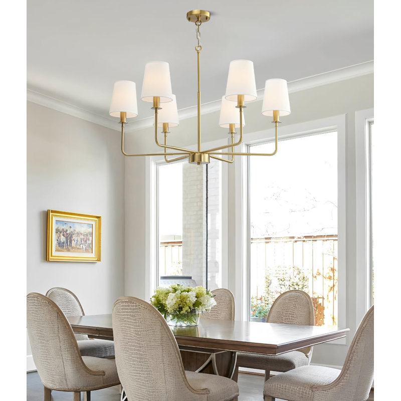 Lustre de ferme 6 lumières avec abat-jour en lin, chaîne de suspension réglable pour îlot de cuisine, salle à manger, vestibule, plafonnier industriel rustique, base candélabre E12