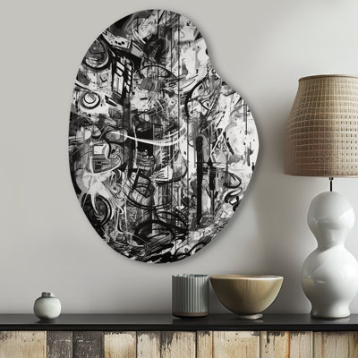 Black And White Graffiti Cosmic II - Geometric Asymmetrical Metal Wall Decor, Black Unique Shape Metal Art Print