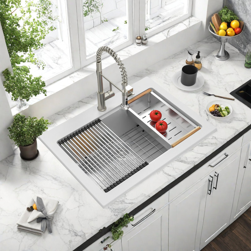 Lavabo encastré en composite blanc 30 x 22 po avec rainures de drainage, quartz de qualité professionnelle
