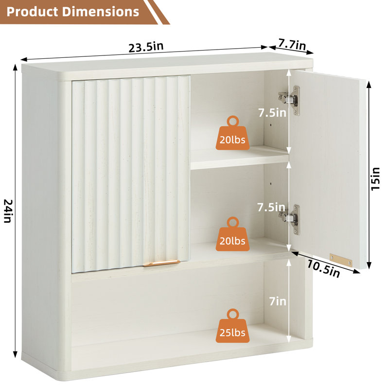 Fluted Bathroom Wall Cabinet, Wall-Mounted Medicine Cabinet With Adjustable Shelf & Doors, Farmhouse Floating Over The Toilet Storage Cabinets For Laundry Room, Kitchen, Living Room