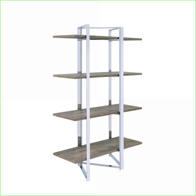 Bibliothèque moderne à 4 tablettes argent chromé et amp; Naturel, H 72 po x l 47 po x P 19 po | Naturel | Bois et métal