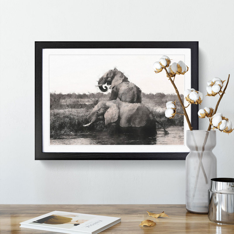 Two Elephants - Picture Frame Graphic Art Print, 62cm H x 87cm W x 2cm D, Black Framed