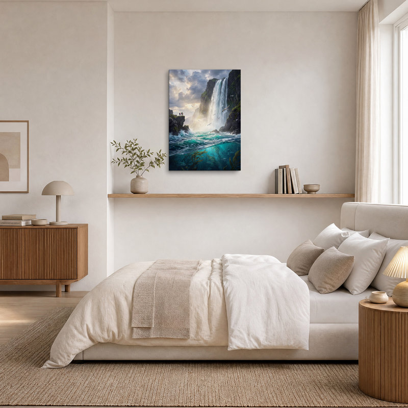 Art mural sur toile, cascade et océan turquoise, H 24 po x l 18 po