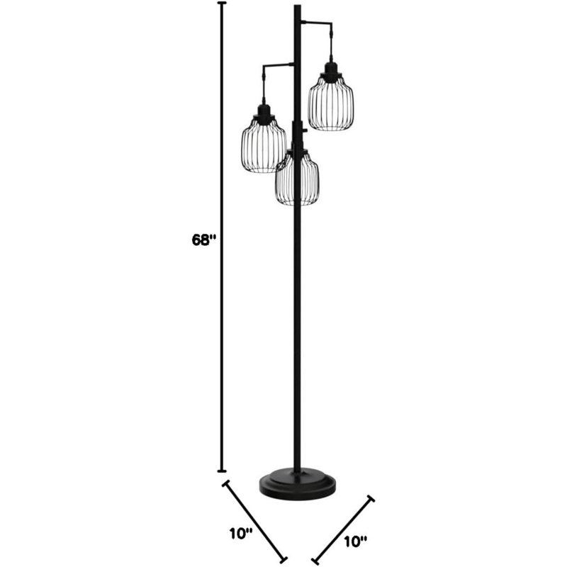 Dimmable Floor Lamp With 3 X 800LM LED Edison Bulbs,Tall Standing Lamp For Living Room,Farmhouse Black Corner Floor Lamp,Bright Industrial Rustic Vintage Tree Pole Light With Cage For Bedroom Office