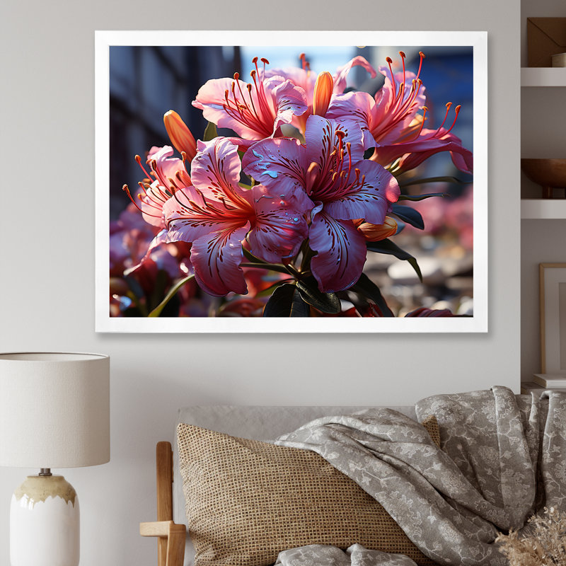Graffiti, rhododendron, oasis urbaine I, Cadre simple blanc, H 30 po x l 40 po x P 1,5 po