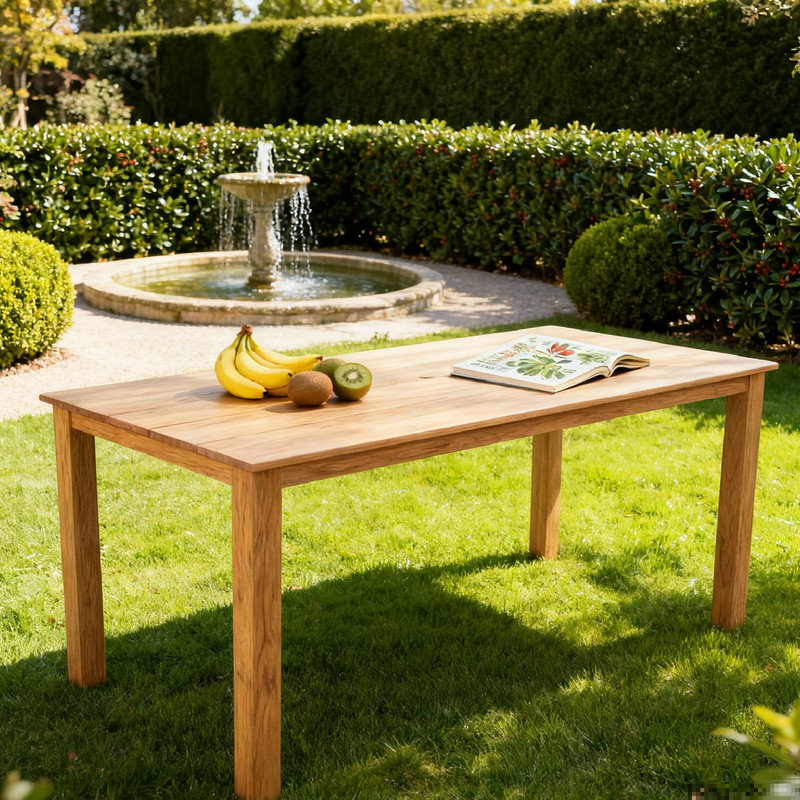 Table de salle à manger rectangulaire pour l'extérieur avec trou pour parasol intégré, matériau en bois de style HISP de couleur chêne naturel, table de patio minimaliste pour la cour et le balcon