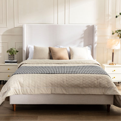 Cadre de grand lit tapissier de 54 po pour la tête de lit, revêtement en toile, traverses latérales en métal, pieds en chêne massif avec finition, cadre moderne pour chambre à coucher avec tête de lit à oreilles, tissu