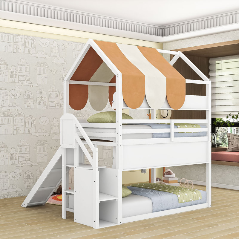 Full Over Full Bunk Bed With Playhouse Canopy, Slide, And Built-In Bookshelves, White