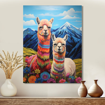 Alpacas In Chile Mountain Flower Landscape - Llama Animal Wall Art Print
