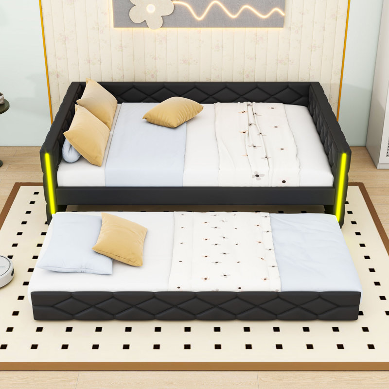 Full XL Upholstered Daybed with LED Light and Trundle, Black