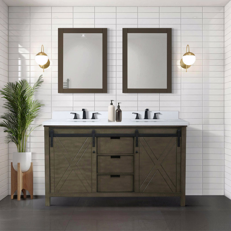 Meuble-lavabo double 60 po x 22 po, Quartz blanc, Brun