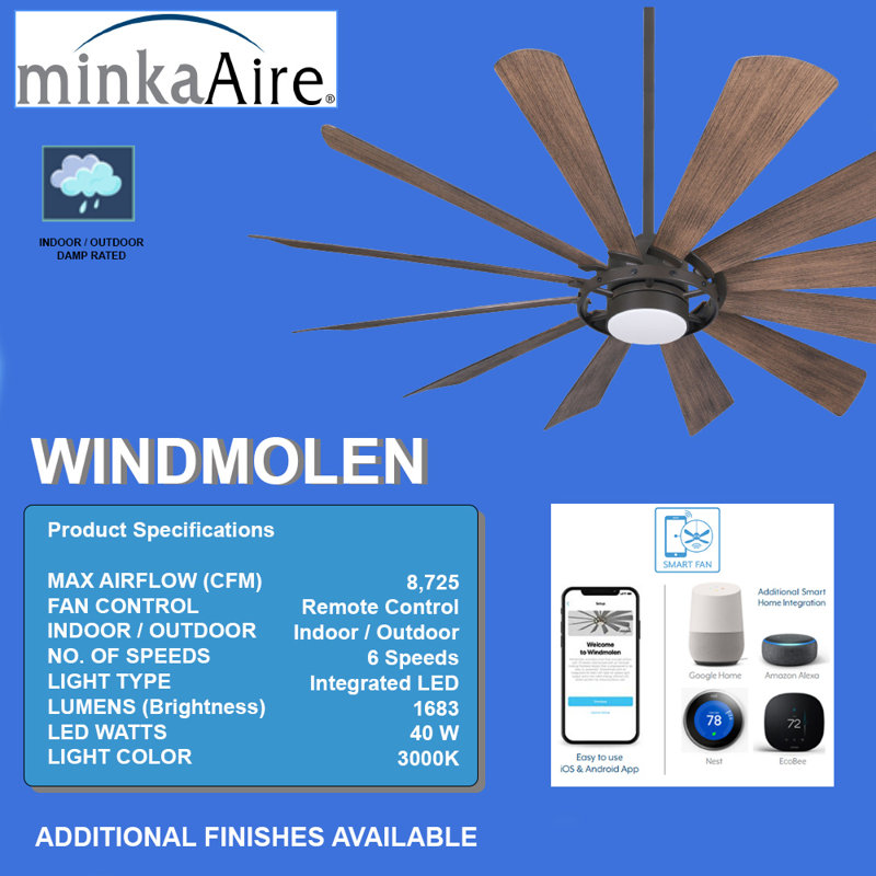 65" 12 - Blade Outdoor LED Smart Windmill Ceiling Fan with Remote Control and Light Kit Included