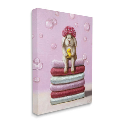 " Cute Baby Rabbit On Bath Towels Soap Bubbles " by Lucia Heffernan