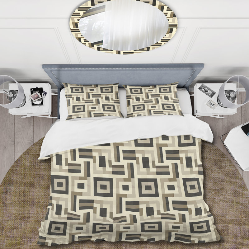 Ensemble de housse de couette beige et gris Midcentury Maze I - Midcentury, Housse de couette pour grand lit + 2 taies décora