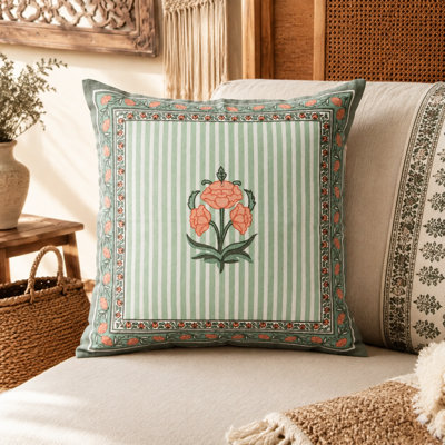 Kesar Handblock Printed Cotton Cushion Cover, 18 x 18, Green & Blush Pink