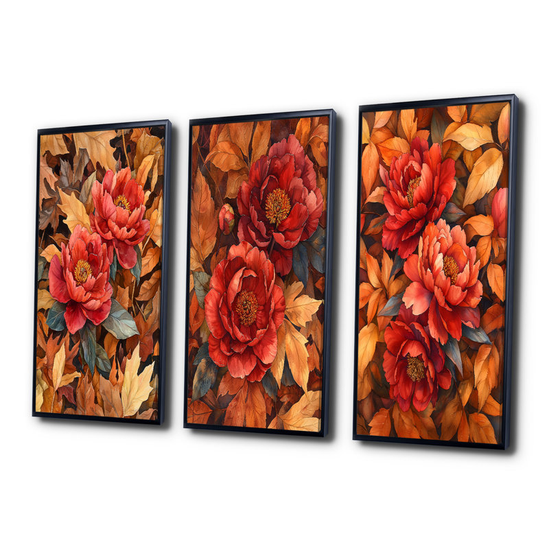 Pivoines rouges parmi les feuilles d'automne I - Collection de grandes décorations murales pivoines, H 28 po x l 36 po, Noir