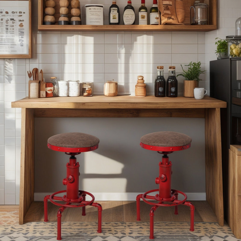 Ensemble de 2, tabouret de bar industriel rétro en similicuir, Rouge, 2