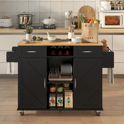 Îlot de cuisine roulant avec armoire de rangement et tiroirs, table de cuisine à abattants sur roulettes, chariot de cuisine portatif Farmhouse, grand îlot mobile avec étagère à tour / étagère à épices