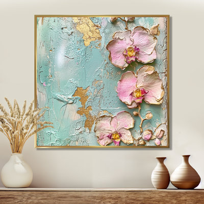 Fleurs d'orchidées roses sur un mur bleu rétro - salon d'art mural orchidée