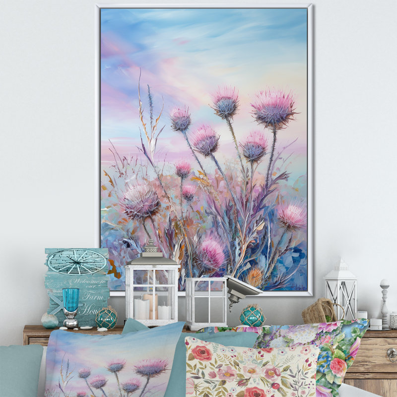 Minimalisme chardon nature fluorescente sur toile, Cadre flottant blanc, H 40 po x l 30 po x P 1,5 po