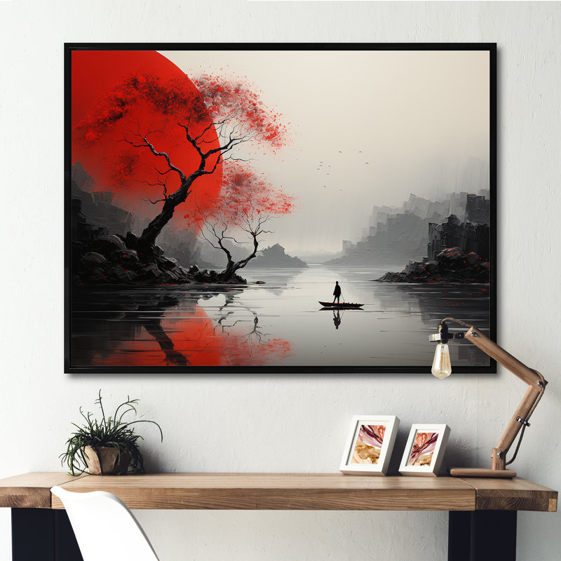 Art japonais sur toile japonais, "Silence Valley", Cadre flottant noir, H 30 po x l 40 po x P 1,5 po