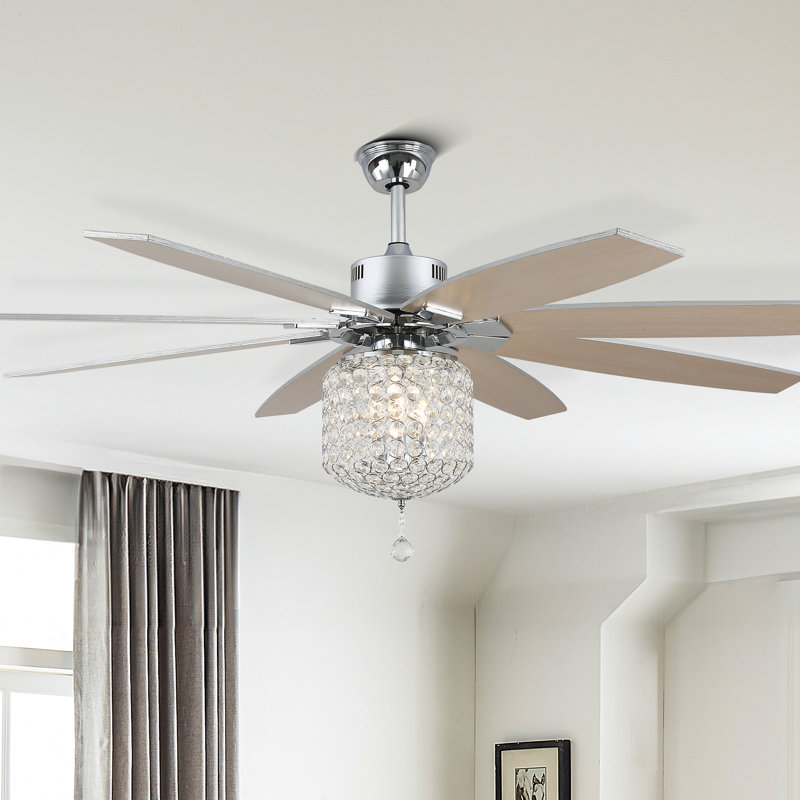 65" Large Vintage Crystal Ceiling Fan with Lught and Remote Chorme Finish, 8 Wood Blades Quiet DC Motor 6 Speeds