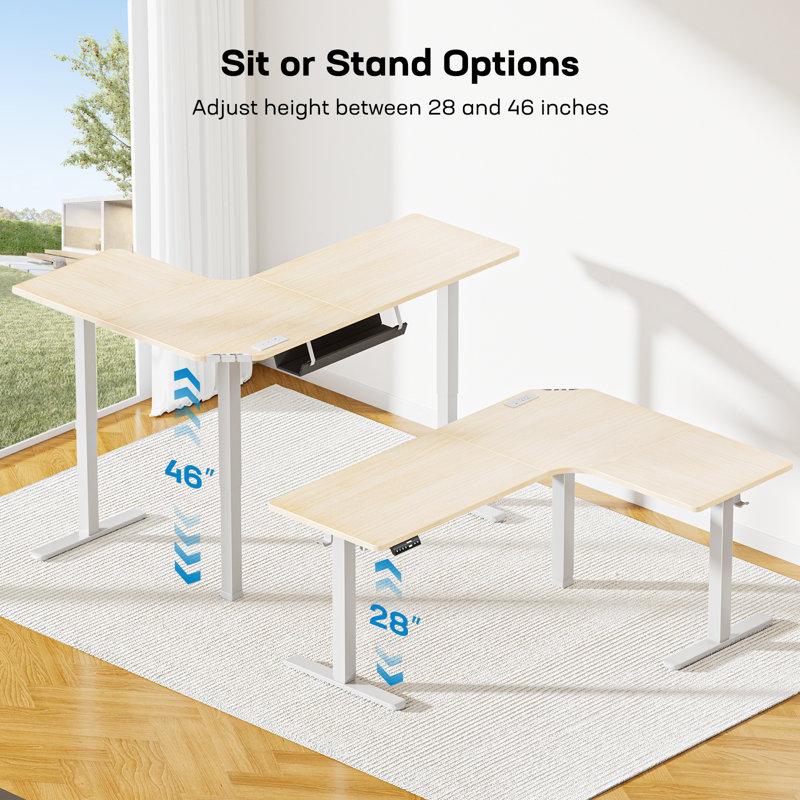 63" L-Shaped Standing Desk, Electric Height Adjustable Corner Desk with 3 Preset Heights, Built-in Power Outlets & Large Power Strip Holder, Dual Motor for Faster Speed, Natural