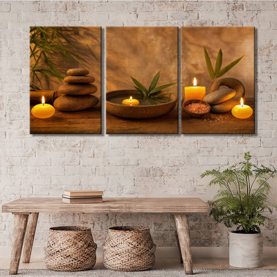 Toile chaude Zen Spa bougie bambou équilibre pierre sel nature morte toile tendue tendue prête à accrocher Spa Room Wall Decor 3 pièces, impression sur toile