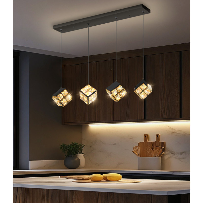 Lustre 4 lumières à DEL moderne rectangulaire en cristal à intensité variable noir, Matte Black