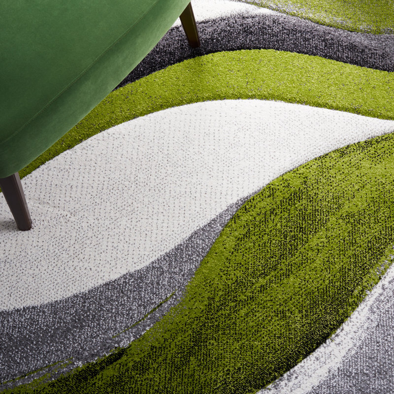 Tapis intérieur en polypropylène tissé à la machine à motif abstrait Dubach gris / vert / blanc, Carré 5 pi 3 po