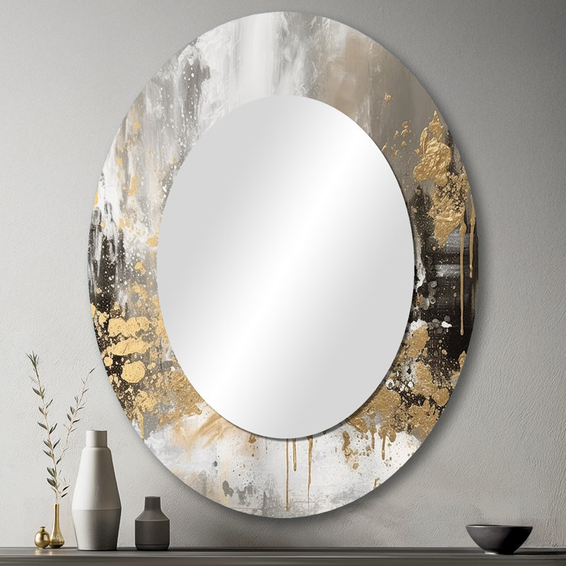 Modern Modern Golden Abstract - Grand miroir mural ovale sur métal, 43 po x 33 po