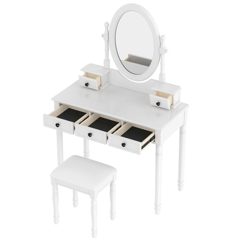 Vanity Desk With Adjustable Angle Mirror, Vintage Vanity Makeup Table And Cushioned Stool Set With Velvet Fabric Lining 5 Drawers,Wooden Dressing Table Set For Bedroom, White