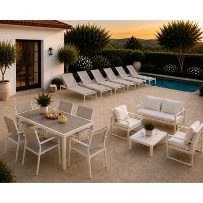 Chester 17-Piece Modern Outdoor Dining & Lounge Set – Complete Aluminum Patio Furniture Collection, 6 Loungers & Matching Furniture And Umbrella Hole Dining Table