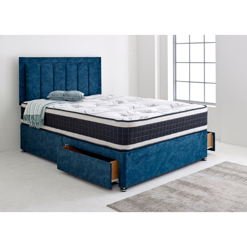 Divan Bed with Stripe 24" Headboard with 2x Drawers Same Side, Small Single, Midnight Blue, 2 Same Side Drawers
