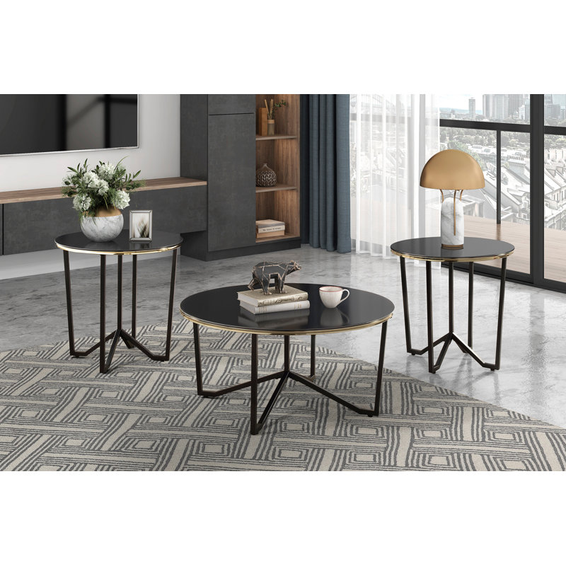 Table basse ronde et tables de bout, ensemble de 3 pièces, plateau en verre trempé noir, cadre en métal, meubles de salon modernes